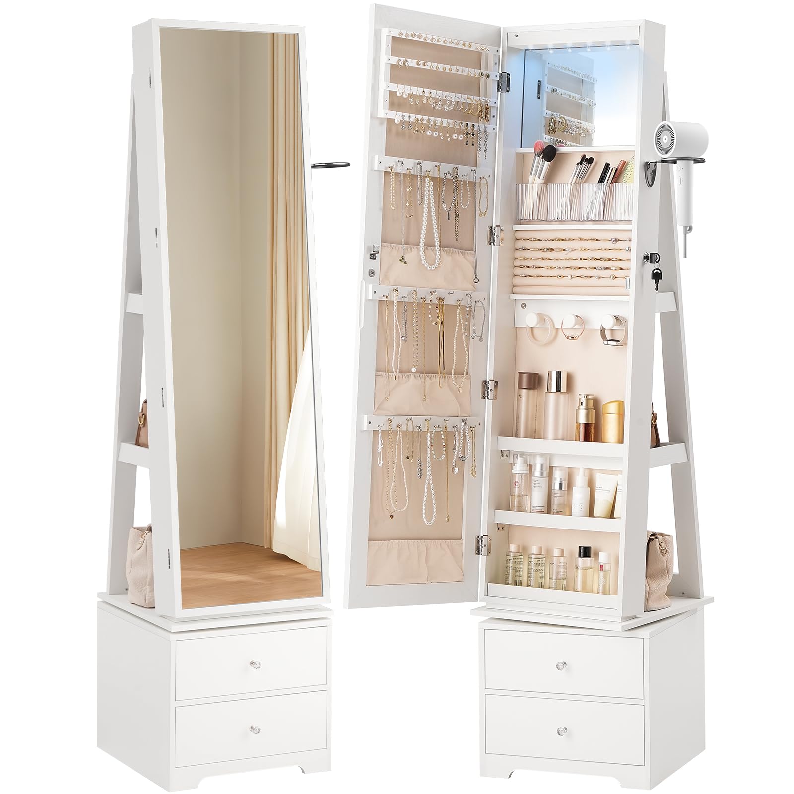 Full Length Mirror Jewelry Armoire - 360 ° Mobiletto portagioielli girevole con