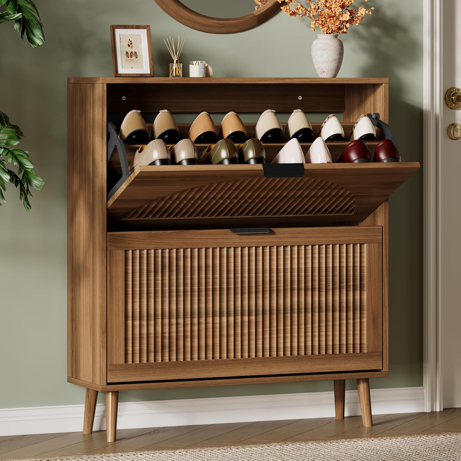 Shoe Rack Cabinet Narrow Entryway - Mobiletto per Scarpe con 2 Cassetti