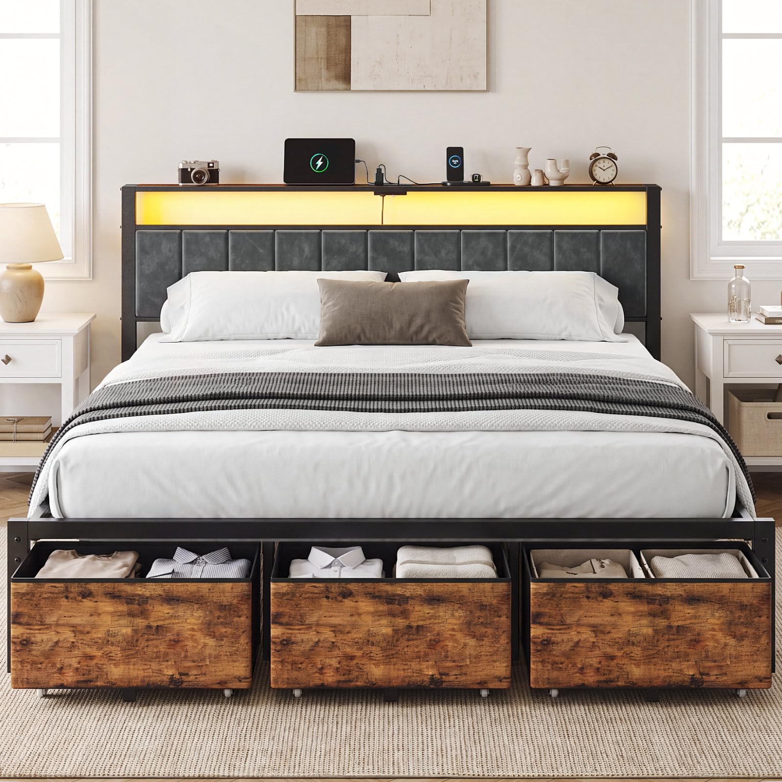 King Size Bed Frame With Storage Drawers - Struttura per letto matrimoniale con testiera