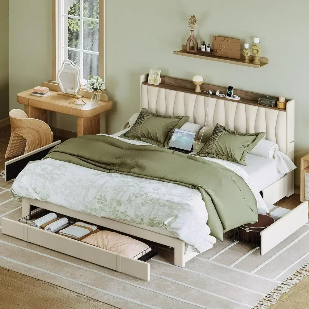 King Size Bed Frame With Storage Drawers - Letto Matrimoniale King Size con Testiera